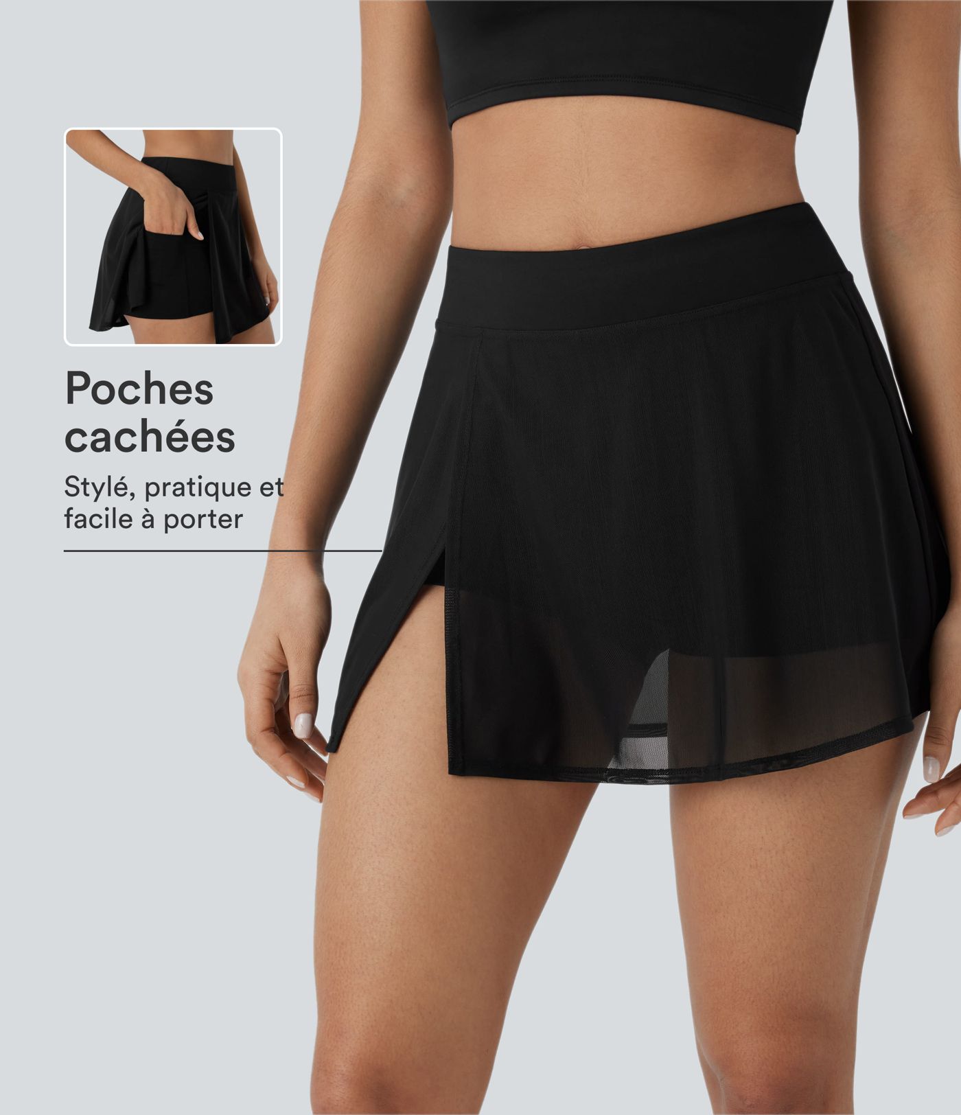 Mini-jupe de yoga taille haute avec short intégré, poches latérales et empiècements en maille contrastée avec fentes Mini-jupe de yoga taille haute avec short intégré, poches latérales et empiècements en maille contrastée avec fentes