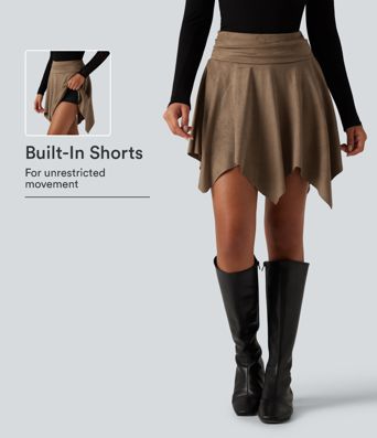 High Waisted Ruched Asymmetric A Line 2-in-1 Suede Mini Casual Skirt High Waisted Ruched Asymmetric A Line 2-in-1 Suede Mini Casual Skirt