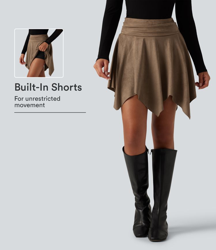 High Waisted Ruched Asymmetric A Line 2-in-1 Suede Mini Casual Skirt High Waisted Ruched Asymmetric A Line 2-in-1 Suede Mini Casual Skirt