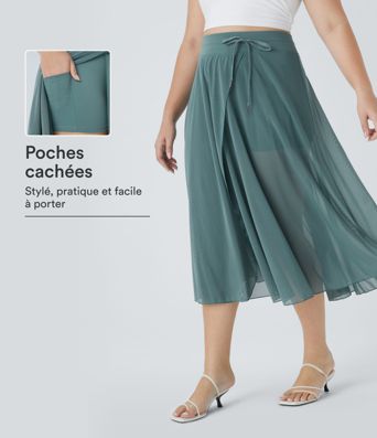 Jupe Taille Haute 2 En 1 En Maille Contrastée Avec Cordon De Serrage Et Poche Latérale Fluide Evasée Casual Grande Taille