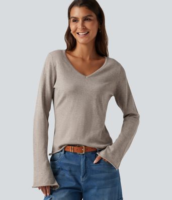 V Neck Flounce Long Sleeve Rolled Hem Casual Sweater 