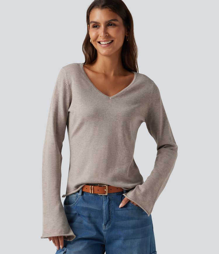 V Neck Flounce Long Sleeve Rolled Hem Casual Sweater 