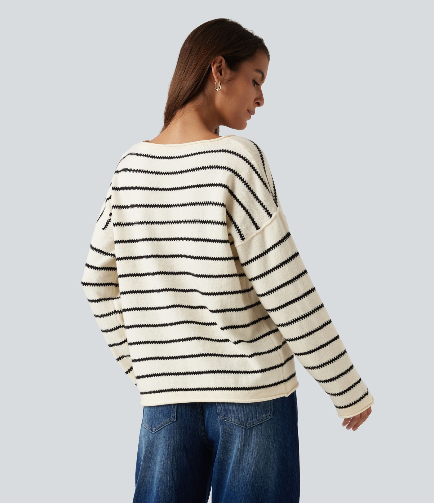 Boat Neck Long Sleeve Stripe Rolled Hem Oversized Casual Sweater