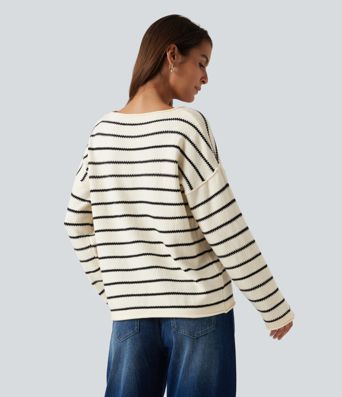Boat Neck Long Sleeve Stripe Rolled Hem Oversized Casual Sweater