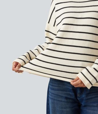 Boat Neck Long Sleeve Stripe Rolled Hem Oversized Casual Sweater