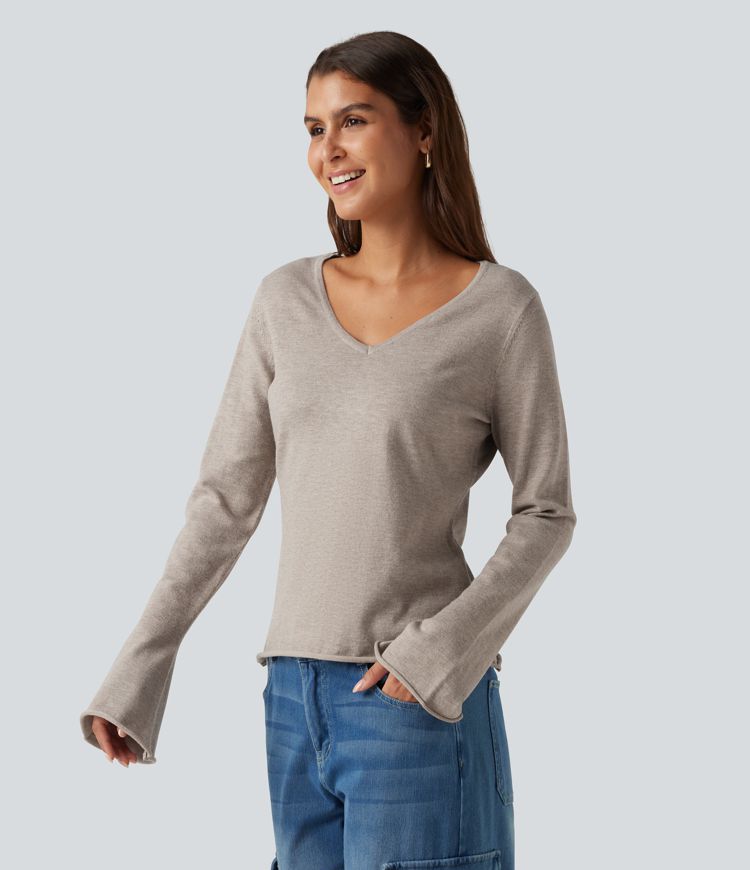 V Neck Flounce Long Sleeve Rolled Hem Casual Sweater 