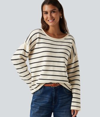 Boat Neck Long Sleeve Stripe Rolled Hem Oversized Casual Sweater
