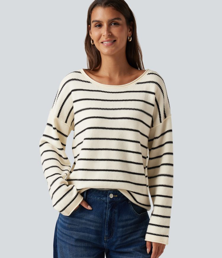 Boat Neck Long Sleeve Stripe Rolled Hem Oversized Casual Sweater