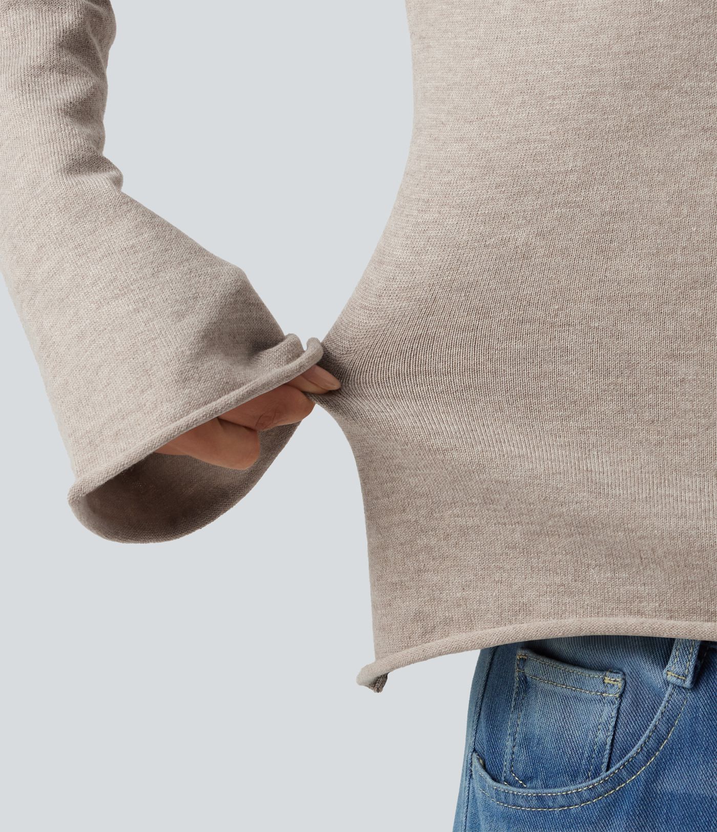 V Neck Flounce Long Sleeve Rolled Hem Casual Sweater 