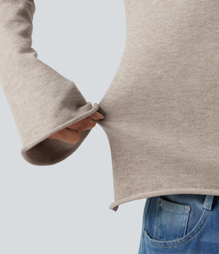 V Neck Flounce Long Sleeve Rolled Hem Casual Sweater 