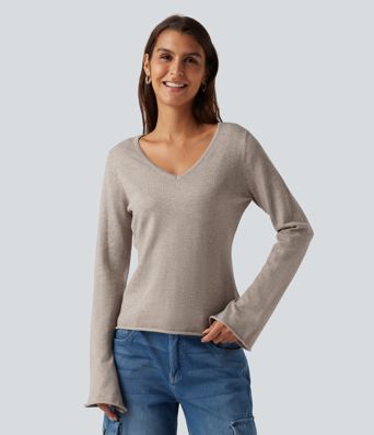 V Neck Flounce Long Sleeve Rolled Hem Casual Sweater 