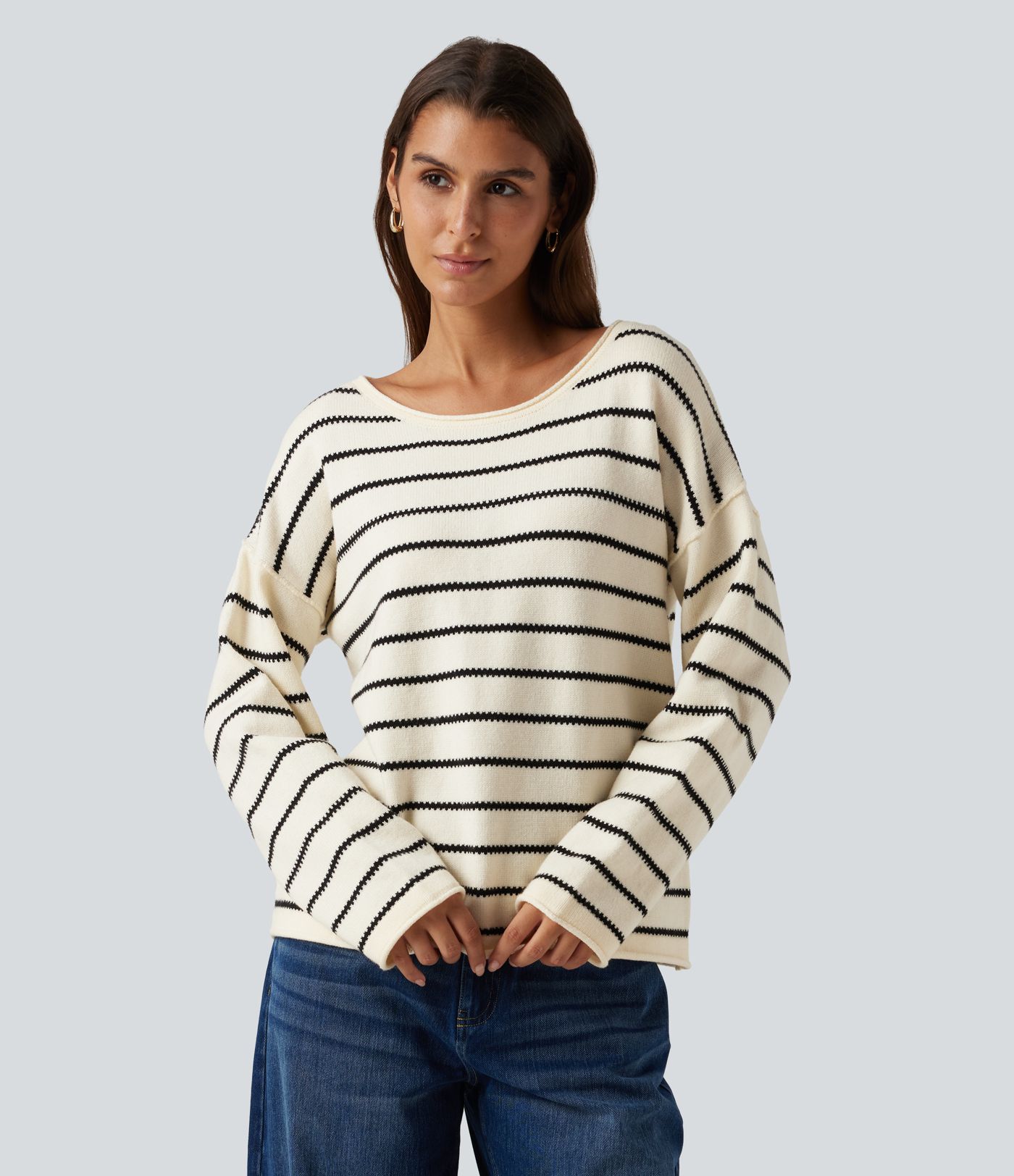 Boat Neck Long Sleeve Stripe Rolled Hem Oversized Casual Sweater