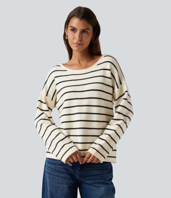 Boat Neck Long Sleeve Stripe Rolled Hem Oversized Casual Sweater