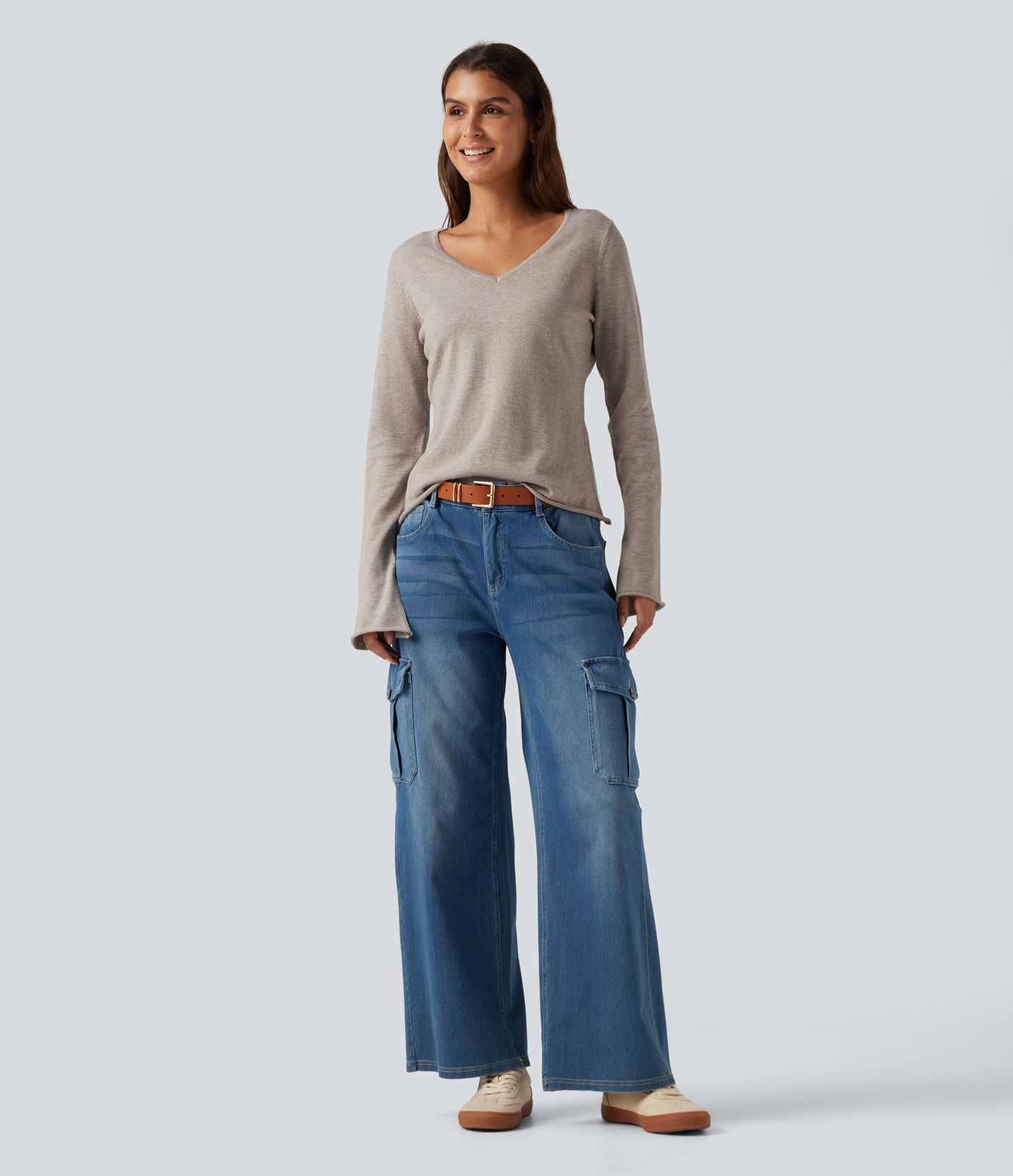V Neck Flounce Long Sleeve Rolled Hem Casual Sweater 
