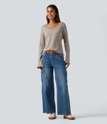 V Neck Flounce Long Sleeve Rolled Hem Casual Sweater 