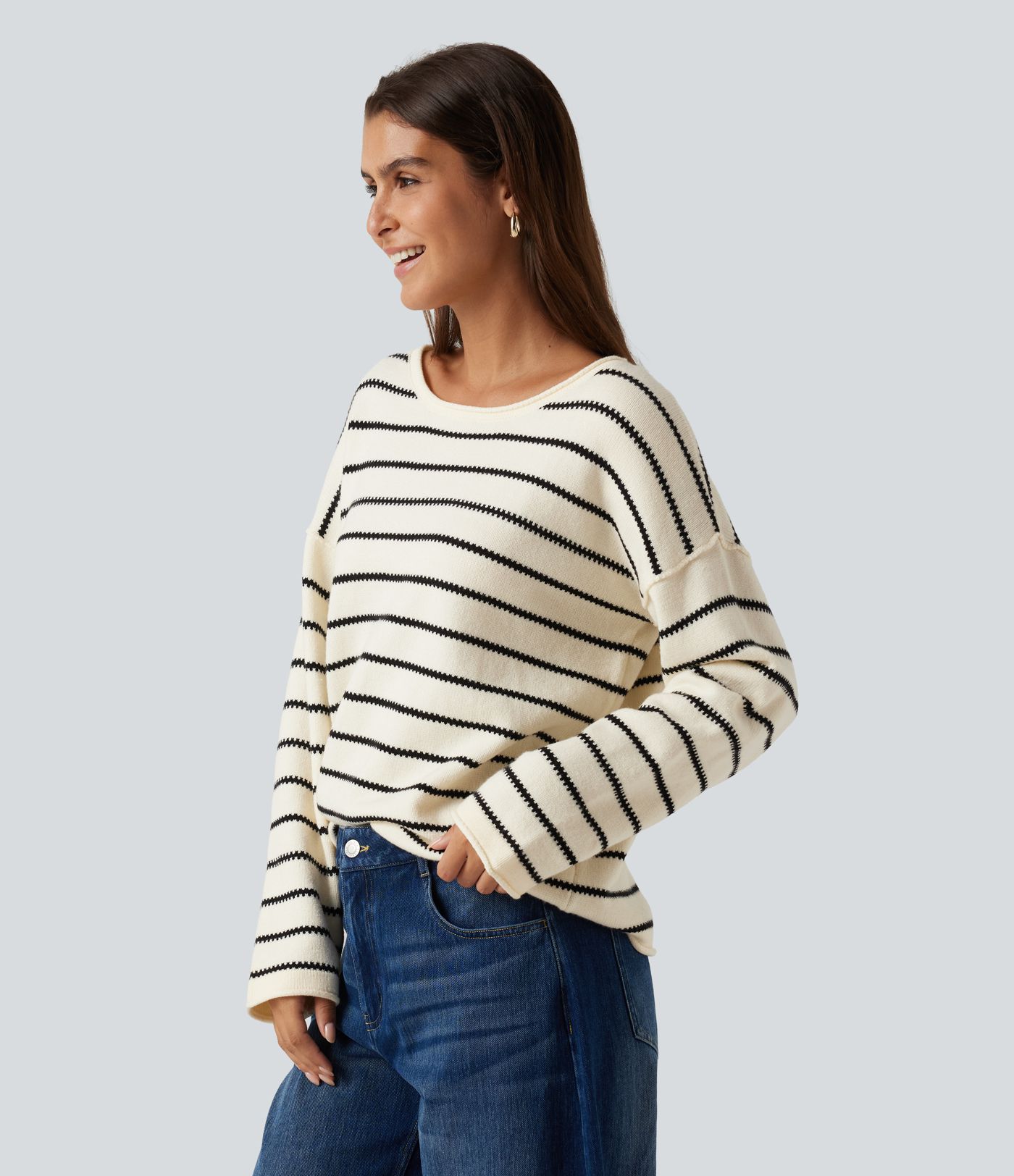 Boat Neck Long Sleeve Stripe Rolled Hem Oversized Casual Sweater