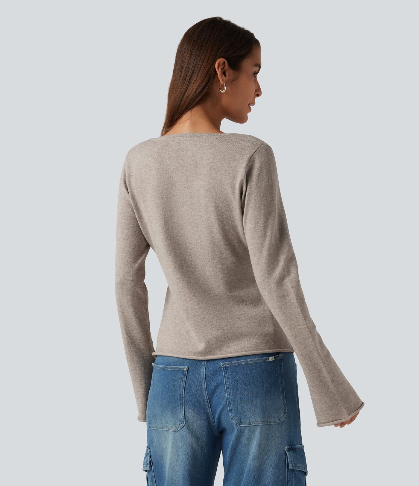 V Neck Flounce Long Sleeve Rolled Hem Casual Sweater 