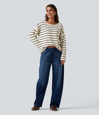 Boat Neck Long Sleeve Stripe Rolled Hem Oversized Casual Sweater