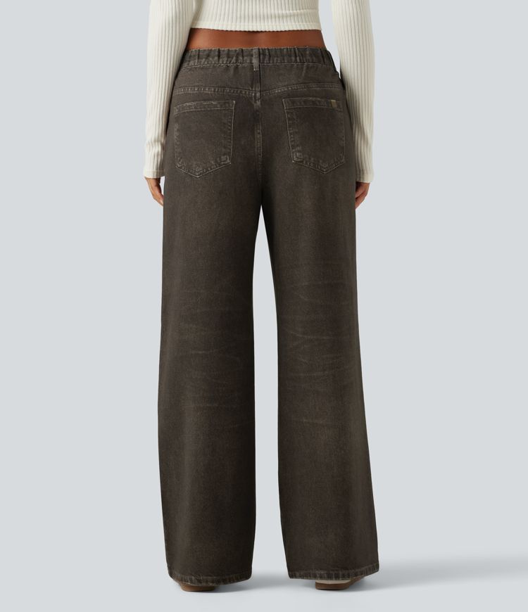 Lässige French-Terry-Jeans mit mittelhohem Bund, Seitentaschen und weitem Bein