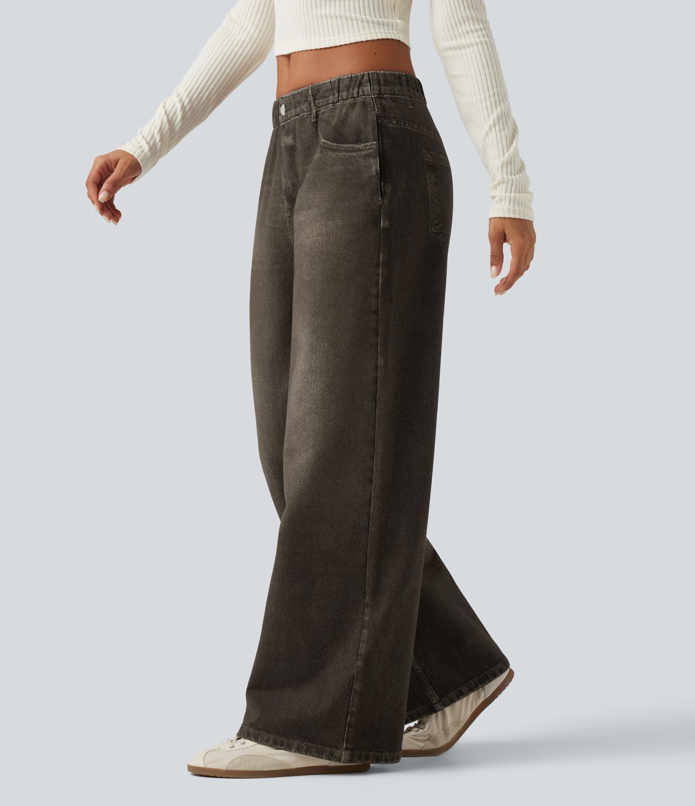 Lässige French-Terry-Jeans mit mittelhohem Bund, Seitentaschen und weitem Bein