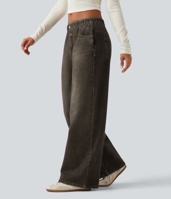 Lässige French-Terry-Jeans mit mittelhohem Bund, Seitentaschen und weitem Bein