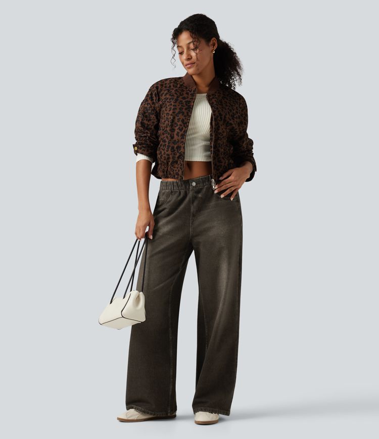 Lässige French-Terry-Jeans mit mittelhohem Bund, Seitentaschen und weitem Bein