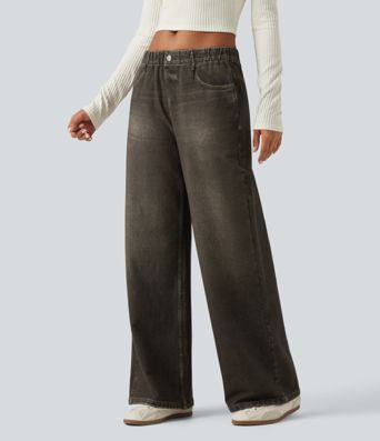 Lässige French-Terry-Jeans mit mittelhohem Bund, Seitentaschen und weitem Bein