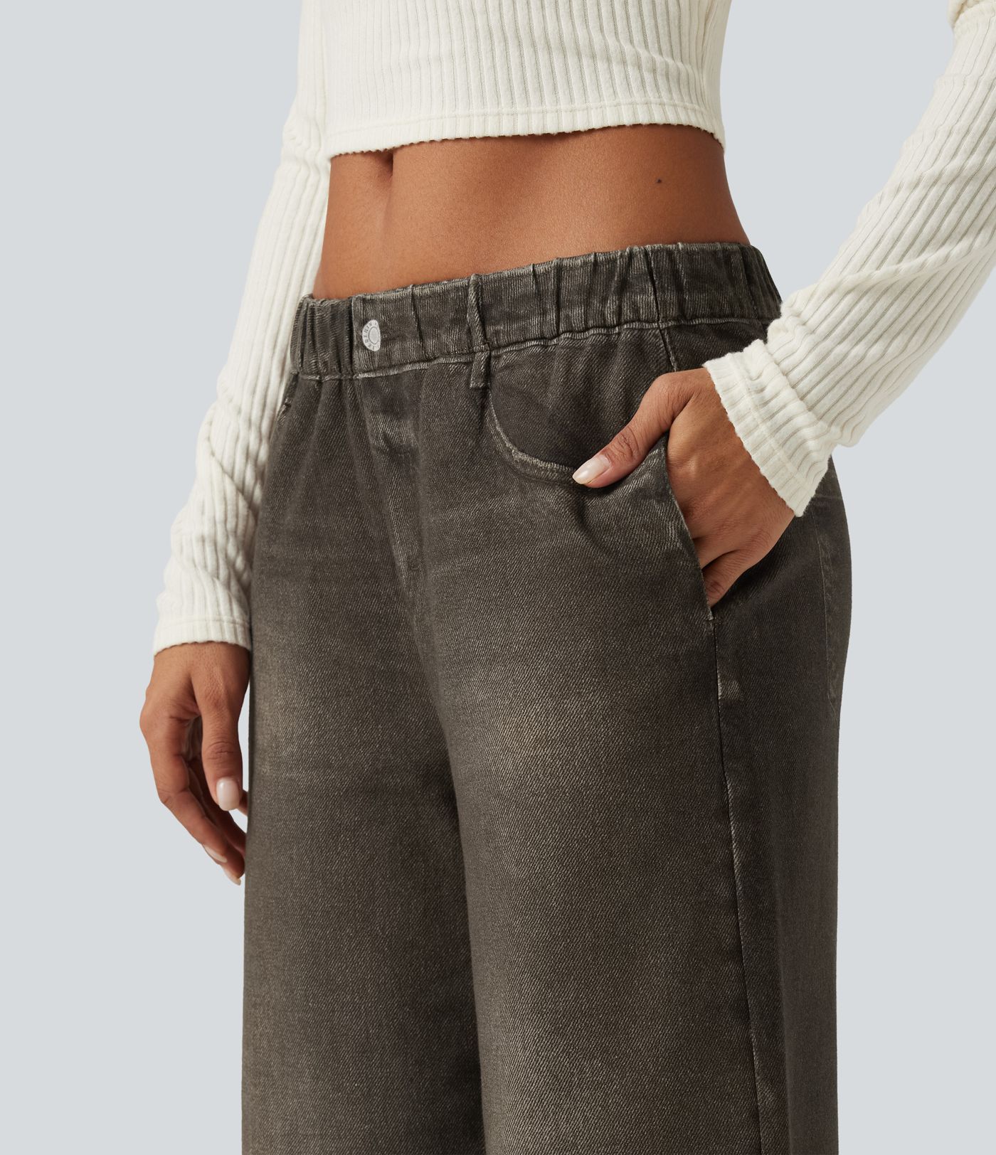 Lässige French-Terry-Jeans mit mittelhohem Bund, Seitentaschen und weitem Bein
