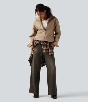 Lässige French-Terry-Jeans mit mittelhohem Bund, Seitentaschen und weitem Bein