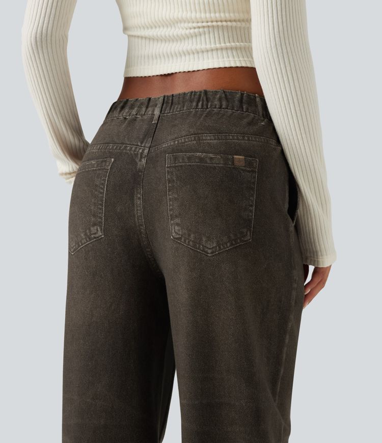 Lässige French-Terry-Jeans mit mittelhohem Bund, Seitentaschen und weitem Bein