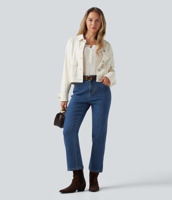 Mid Rise Straight Leg Casual Jeans with Pockets