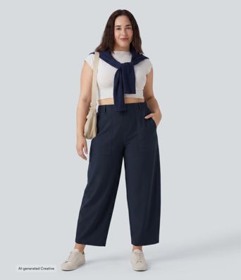 Plus-Size DayStretch hoch taillierte Freizeithose mit tonnenförmigem Bein und Taschen
