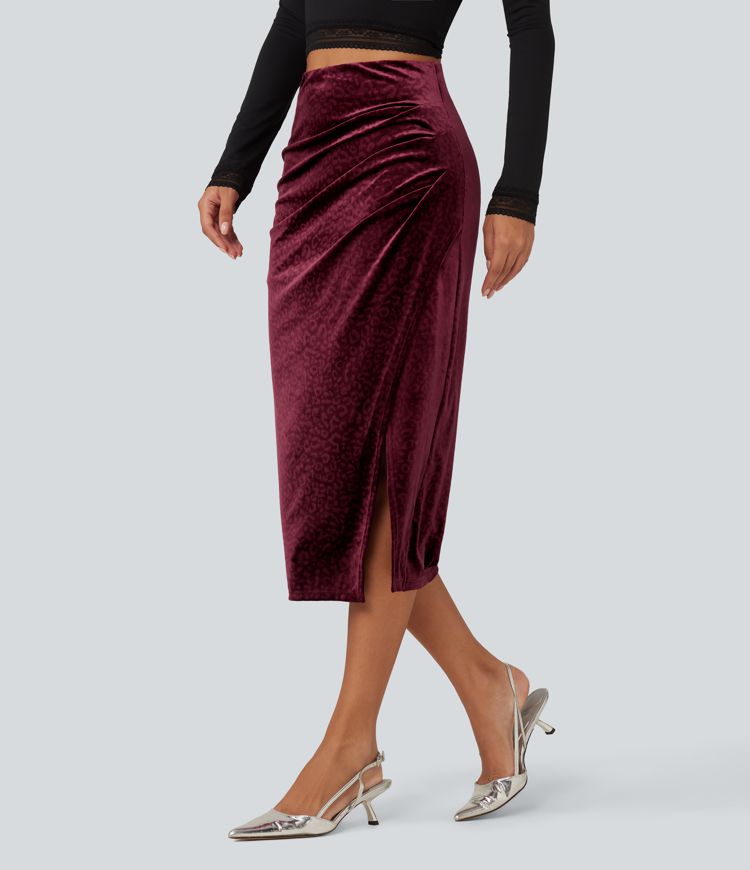 High Waisted Ruched Asymmetric Velvet Leopard Print Midi Party Skirt