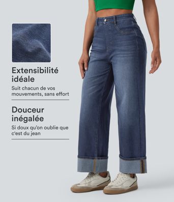 Halara Flex™ hochgeschnittene, bauchformende, lässige Jeans im Used-Look mit umgeschlagenem Saum, weitem Bein und Taschen