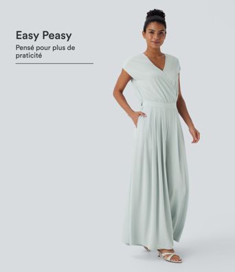 Combinaison fluide en tissu gaufré, col V, manches courtes, jambes larges et poches latérales - Easy Peasy Edition Combinaison fluide en tissu gaufré, col V, manches courtes, jambes larges et poches latérales - Easy Peasy Edition