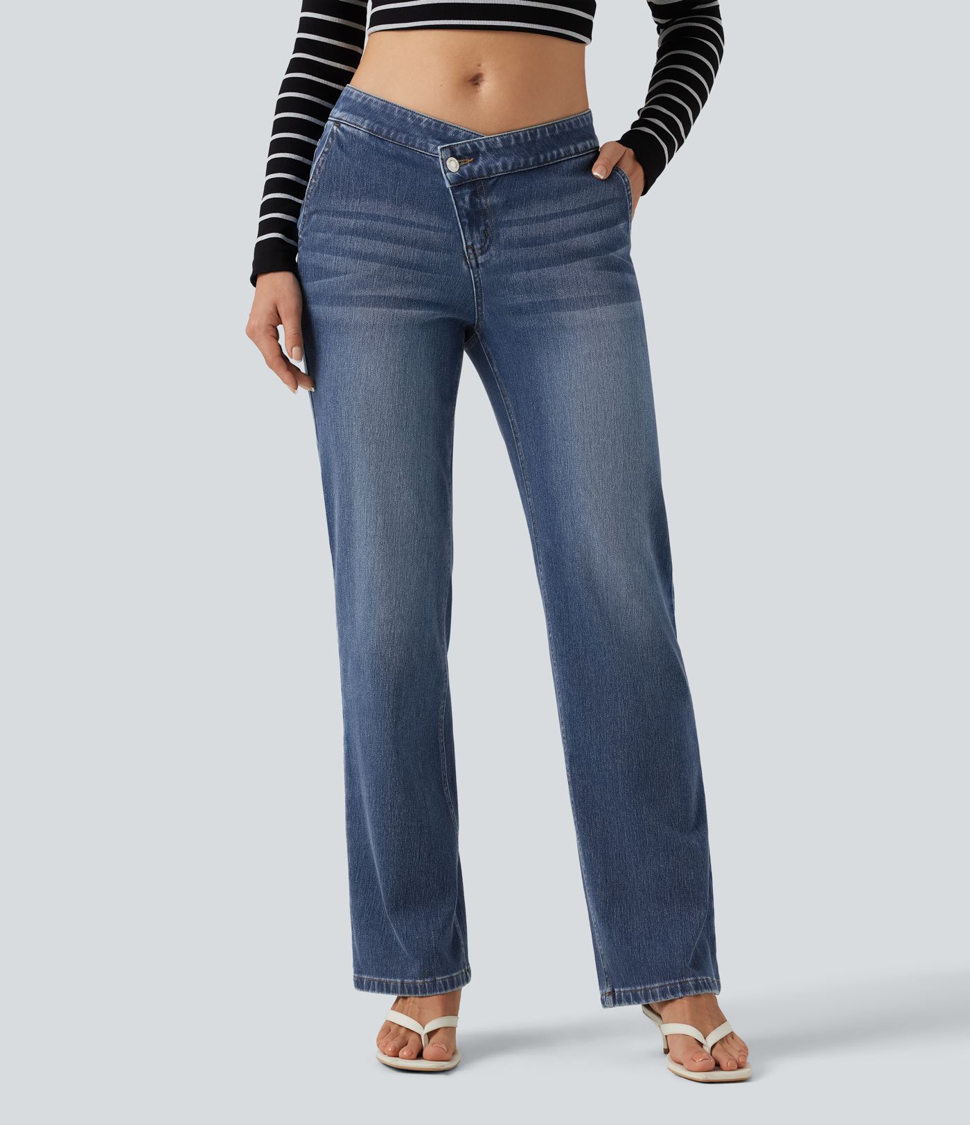 Halara Flex™ Mid Rise Asymmetric Straight Leg Casual Jeans with Pockets
