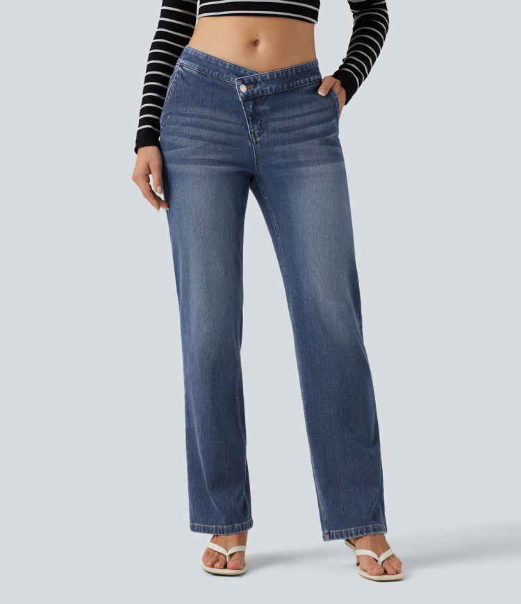 Halara Flex™ Mid Rise Asymmetric Straight Leg Casual Jeans with Pockets