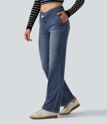 Halara Flex™ Mid Rise Asymmetric Straight Leg Casual Jeans with Pockets