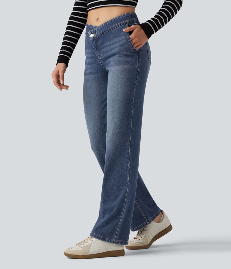 Halara Flex™ Mid Rise Asymmetric Straight Leg Casual Jeans with Pockets