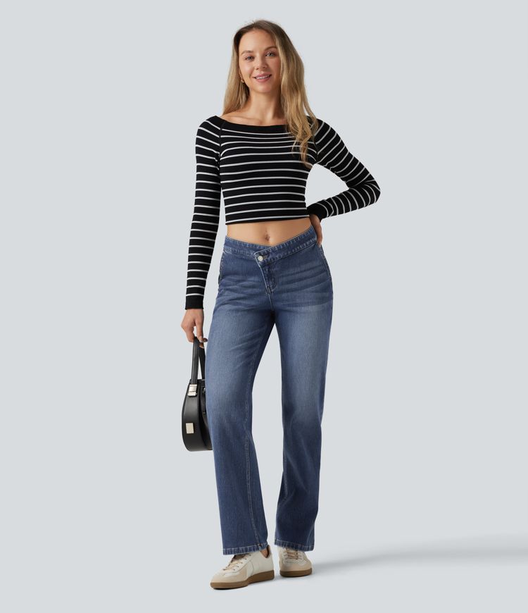 Halara Flex™ Mid Rise Asymmetric Straight Leg Casual Jeans with Pockets
