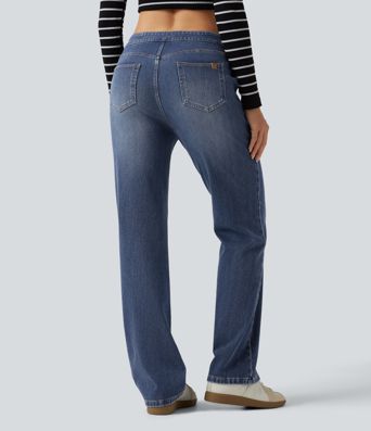 Halara Flex™ Mid Rise Asymmetric Straight Leg Casual Jeans with Pockets