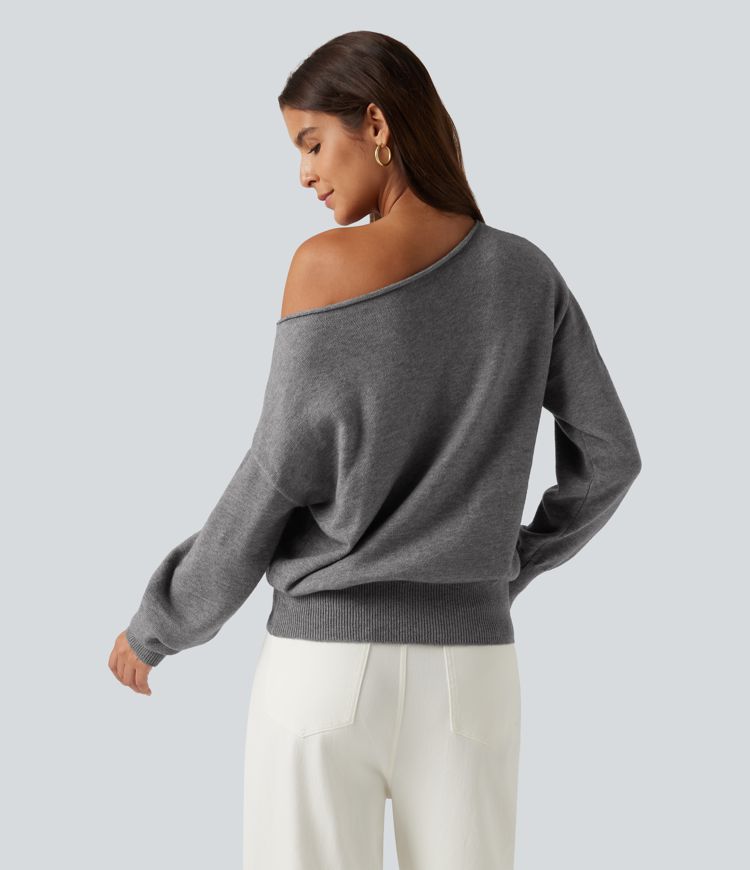 Mottled Grey One Shoulder Long Sleeve Work Sweater / 2