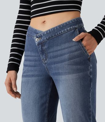 Halara Flex™ Mid Rise Asymmetric Straight Leg Casual Jeans with Pockets