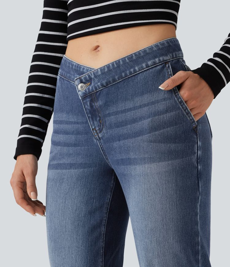 Halara Flex™ Mid Rise Asymmetric Straight Leg Casual Jeans with Pockets