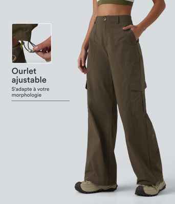 Pantalon cargo droit de randonnée taille haute avec poches
