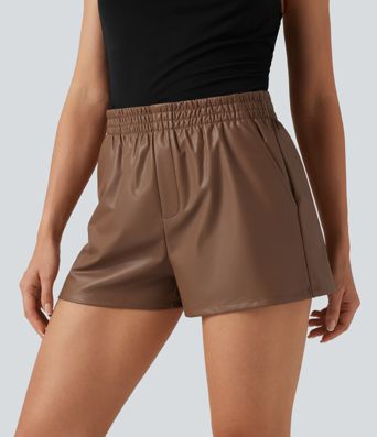 Mid Rise Fleece Casual PU Leather Shorts 3" with Pockets Mid Rise Fleece Casual PU Leather Shorts 3" with Pockets