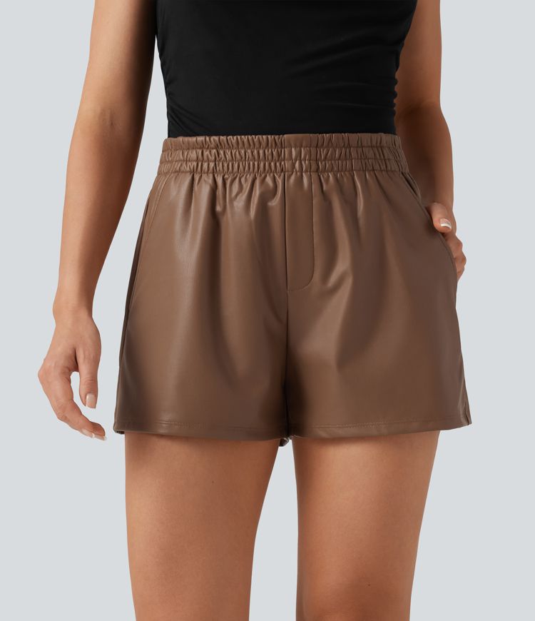 Mid Rise Fleece Casual PU Leather Shorts 3" with Pockets Mid Rise Fleece Casual PU Leather Shorts 3" with Pockets