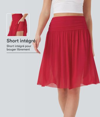Jupe casual midi fluide 2-en-1 taille haute froncée maille contrastante avec poches latérales Jupe casual midi fluide 2-en-1 taille haute froncée maille contrastante avec poches latérales