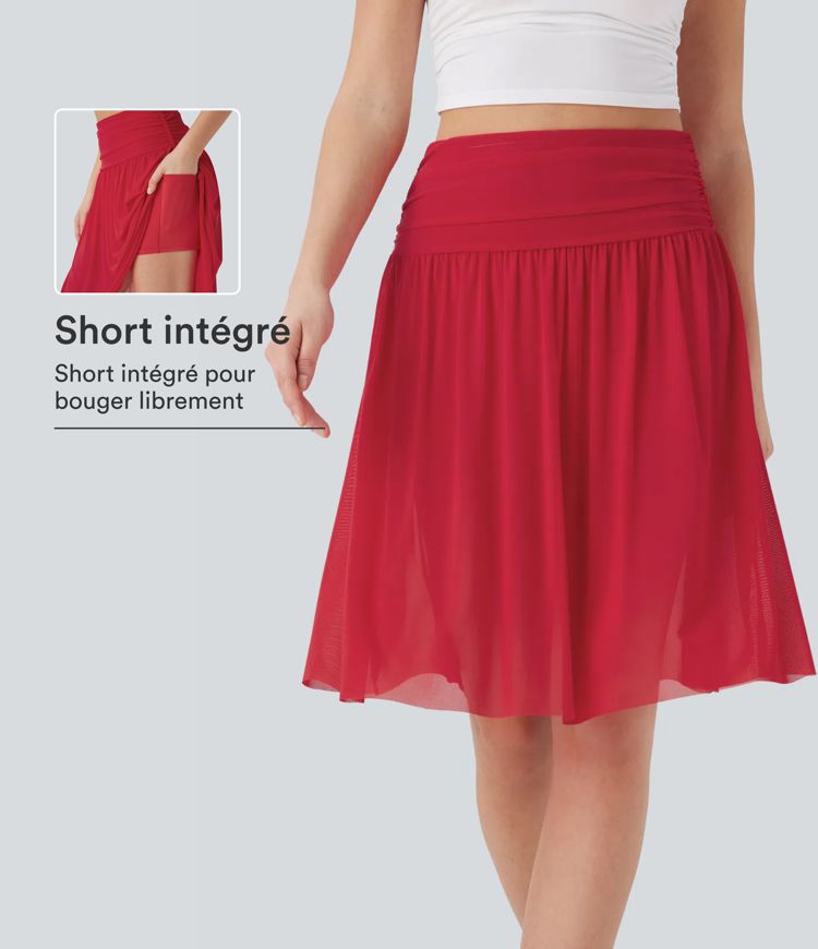 Jupe casual midi fluide 2-en-1 taille haute froncée maille contrastante avec poches latérales Jupe casual midi fluide 2-en-1 taille haute froncée maille contrastante avec poches latérales