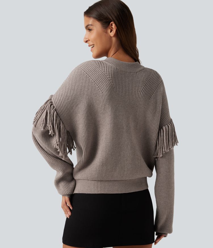 Pull de bureau à encolure arrondie, manches longues et franges